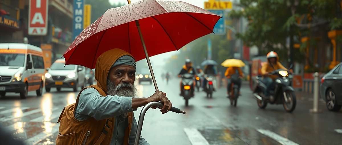 Punjagutta Pioneers - Dynamic Weather System Punjagutta Pioneers city exploration showing character navigating through rainy Mumbai streets with umbrella